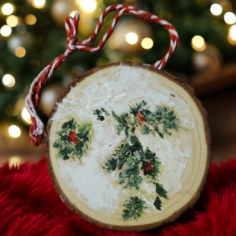 Anna's Creations Hand Crafted Painted Wood Round Christmas Ornament Holly Berry